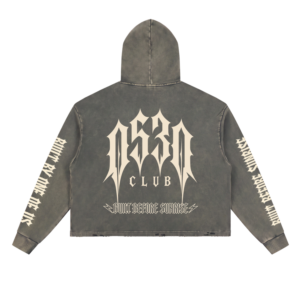 0530 Athletic Club Vintage Washed Cropped Frayed-Hem Hoodie